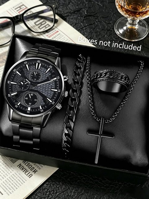 CMK Schmuck-Set, Herren, Quarzuhr, Armband, Halskette, Ring, Edelstahl, Schwarz - Bild 1