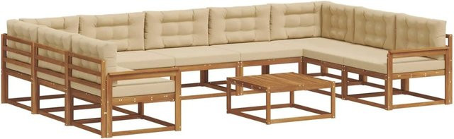 vidaXL Outdoor-Sofagarnitur aus Akazienholz in L-Form, 10-teiliges Set mit Kissen in Natur und Beige - Bild 1