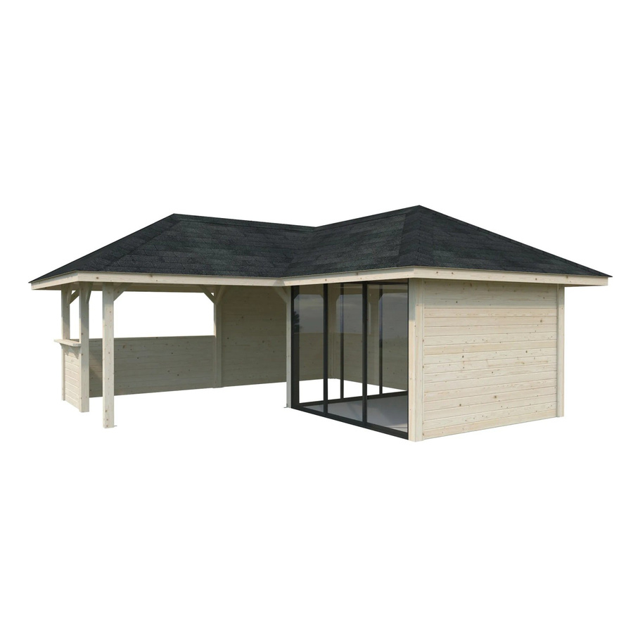 PALMAKO Pavillon Bianca Set 209 Slide aus Fichtenholz in Braun mit Alu-Schiebetüren und Eck-Tresenanlage, B/T/H: 588 x 588 x 319 cm - Bild 3
