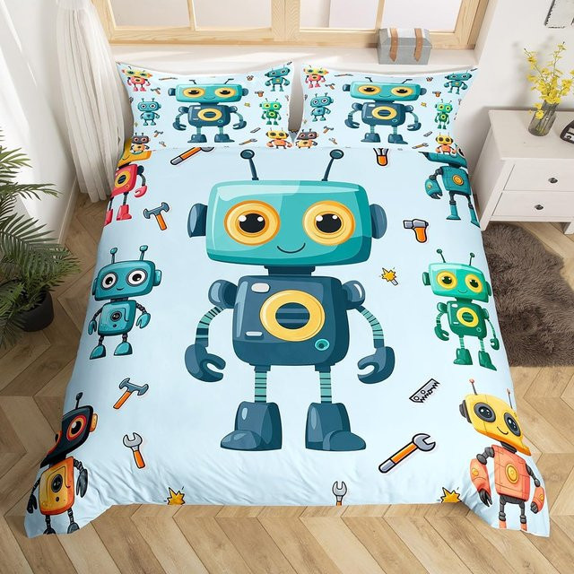 Flylo Bettwäsche Set Cartoon Roboter Aquarell Blau für Kinder, Bettdeckenbezug und Kissenbezug aus Polyester, B/H: 135 x 200 cm - Bild 1