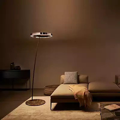 Occhio Mito Raggio Lusso LED Bogenleuchte mit roségoldenem Kopf, braunem Leder und braunem Marmorfuss - Bild 1