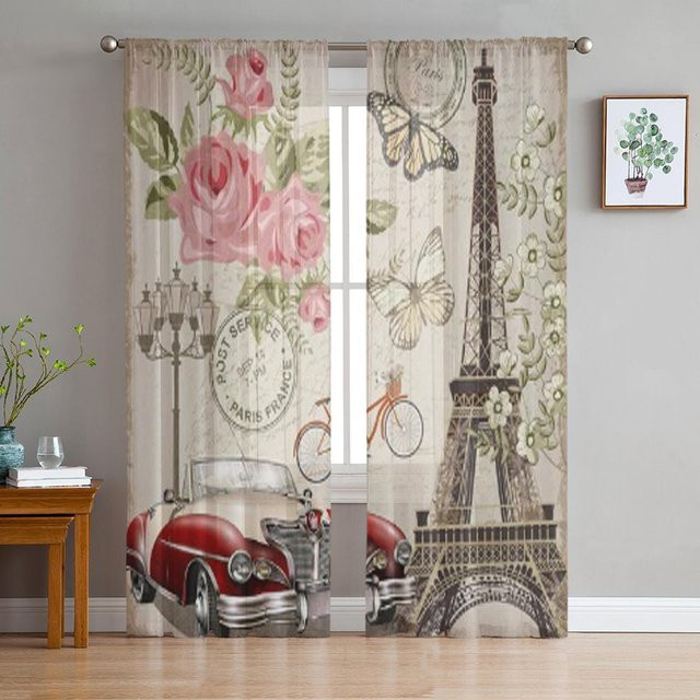 Paris Vintage Transparenter Vorhang aus Organza und Chiffon in Grau mit floralem Muster, Breite: 135 cm, Höhe: 114 cm - Bild 1