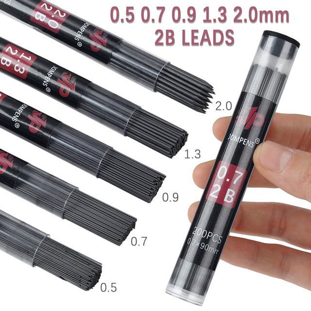 MROOFUL Runde Stiftminen 2B in Schwarz für Druckbleistifte, Großpackung mit 0.5 mm, 0.7 mm, 0.9 mm, 1.3 mm und 2.0 mm zum Zeichnen und Schreiben - Bild 1