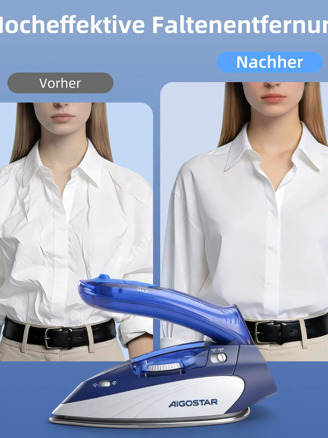 Aigostar Reise-Dampfbügeleisen in Blau mit 1100W, faltbarer Griff, 80ml Wassertank und mehreren Temperaturstufen - Bild 7