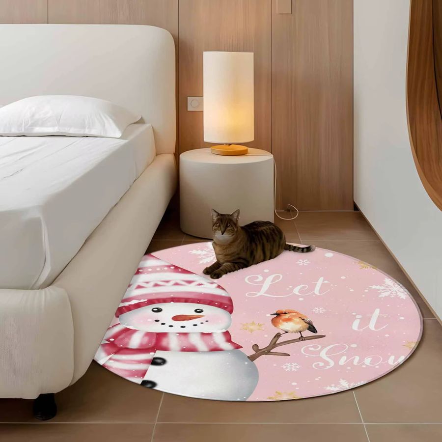 VIKAMA Runder Teppich mit Schneemann-Motiv in Rosa, waschbar und rutschfest für deine Weihnachtsdekoration im Innenbereich - Bild 3