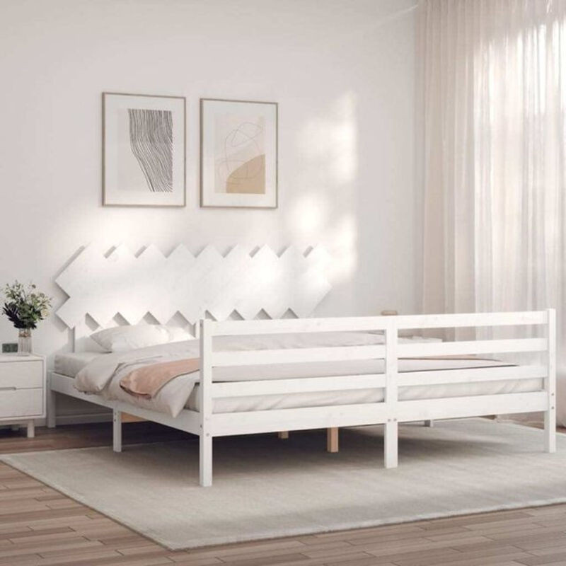 Massivholzbett aus Kiefer mit Kopfteil von Vidaxl in Weiß, Landhausstil und minimalistisches Design, B/T/H: 180 x 200 x 81 cm - Bild 1