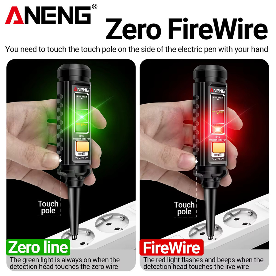 ANENG B15 Induktions-Tester mit Licht zur AC-Spannungserkennung, Schwarz - Bild 2