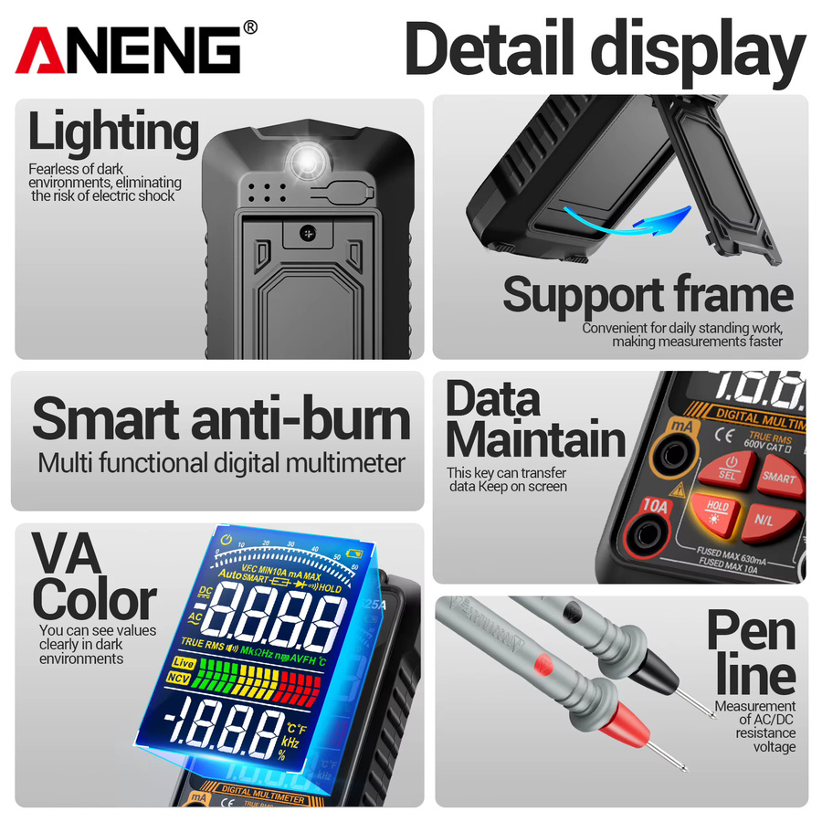 ANENG 625A Digital-Multimeter in Schwarz mit True RMS, 6000 Zählungen, 1000V AC/DC, 10A, NCV, Temperaturmessung und VA-Display, wiederaufladbar und mit automatischer Bereichswahl - Bild 5