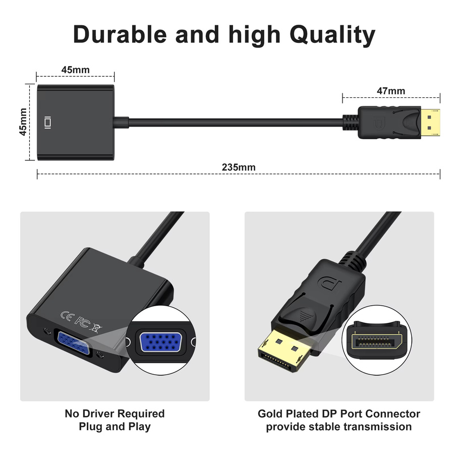 DisplayPort zu VGA Adapterkabel in Schwarz für PC, Laptop und Monitor mit 1080P Auflösung - Bild 4