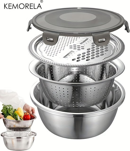 KEMORELA 4-in-1 Edelstahl Küchen-Multifunktionsbehälter mit Deckel, luftdichter Reiswascher, Abtropfsieb und Reibe, Silber, rund - Bild 1