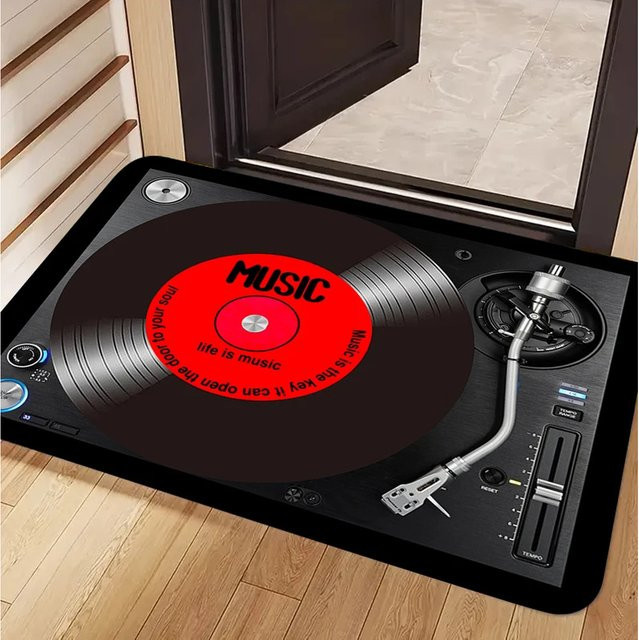 VIKAMA Vintage Teppich mit Vinyl-Schallplatten und Musiknoten Design, rutschfest und weich, mehrfarbig, rechteckig - Bild 1