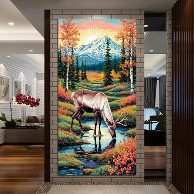 5D DIY Diamantmalerei Set Elch in Herbstlandschaft mit runden Bohrern, Mosaik Stickerei Bild in Mehrfarbig, Breite: 60 cm, Höhe: 30 cm - Bild 1