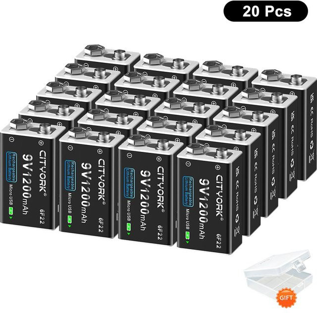 CITYORK 9V Li-Ion Akku 1200mAh mit USB-Anschluss, 20er Set, Schwarz - Bild 1