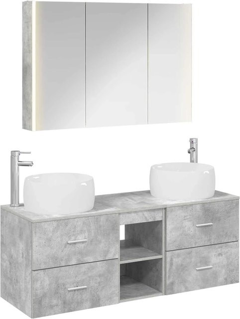 vidaXL Badezimmermöbel-Set 4-teilig in Betongrau mit Waschtischunterschrank, Spiegelschrank und Wandunterschrank aus Holz und Glas mit LED-Beleuchtung - Bild 1