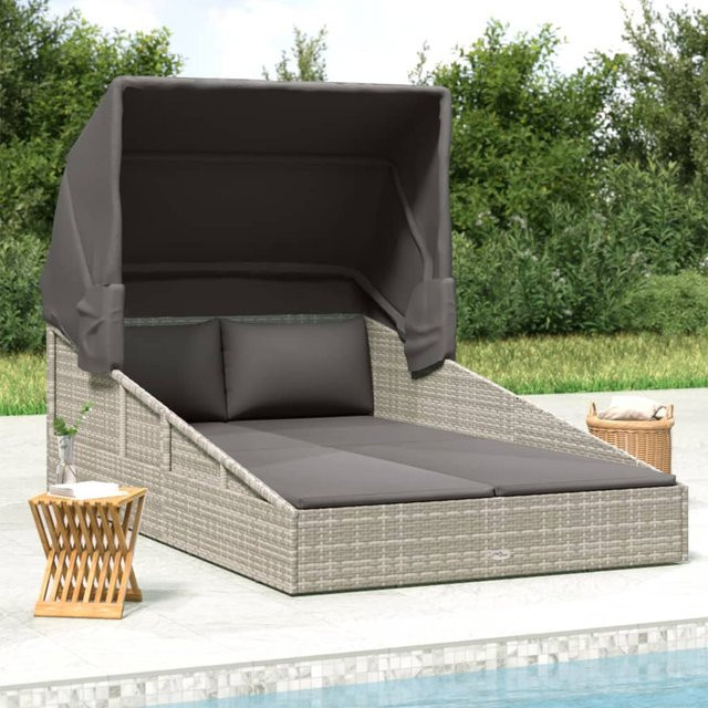 vidaXL Sonnenliege aus Polyrattan mit Faltdach in Grau, B/T/H: 200 x 114 x 128 cm - Bild 2