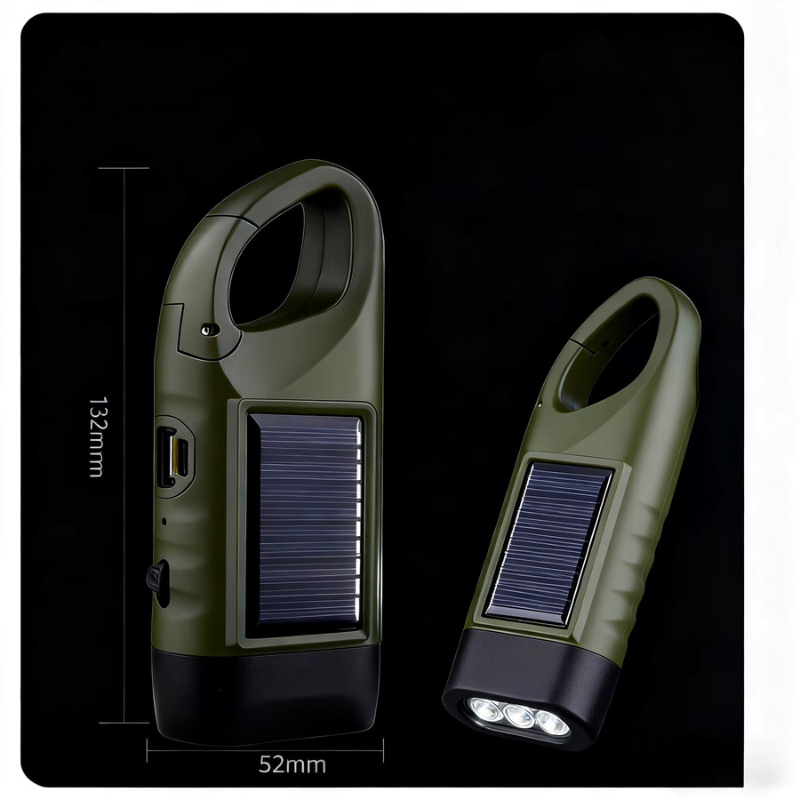 Heinast Tragbare LED-Taschenlampe in Grün mit Solarstrom, Handkurbel-Dynamo und Haken für Camping, Garten und Outdoor-Notfälle - Bild 6