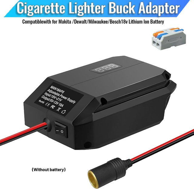 Power Wheel Adapter 18V auf 12V Step-Down-Konverter für Makita, Dewalt, Milwaukee und Bosch Akkus mit Zigarettenanzünder-Adapter in Schwarz - Bild 1