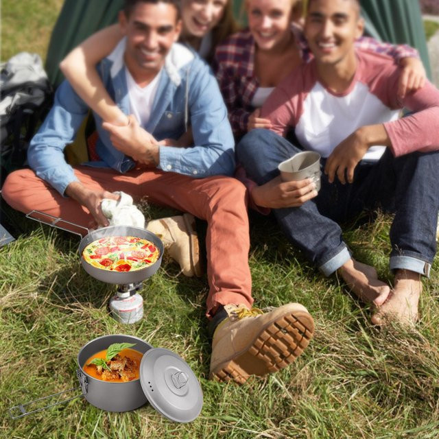 Shoemst Camping-Kochgeschirr-Set aus Titan in Silber mit Topf, Pfanne und Deckel sowie klappbaren Griffen für Outdoor, Wandern und Rucksacktourismus - Bild 1