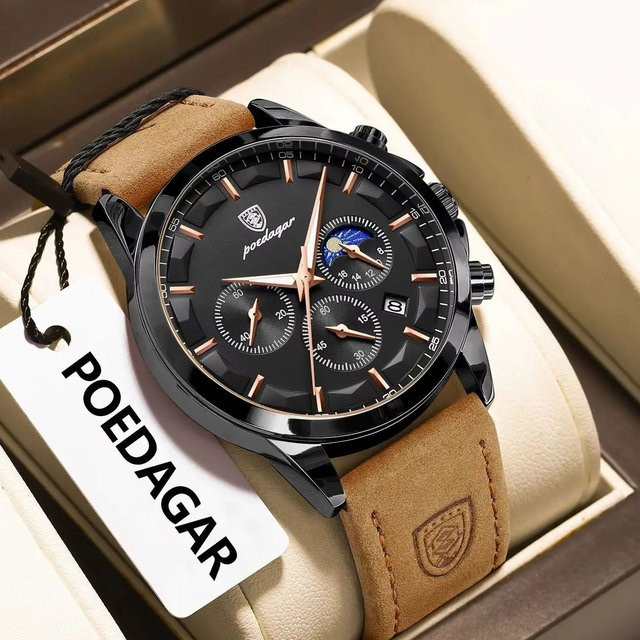 POEDAGAR Armbanduhr Chronograph, Quarz, Leder, Herren, Schwarz - Bild 1