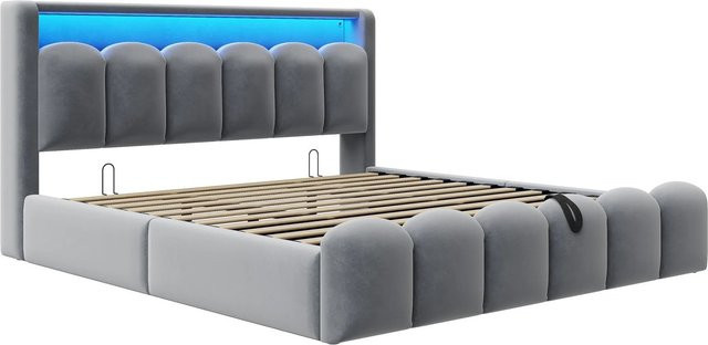 Merax Polsterbett mit hydraulischem Stauraum, LED-Beleuchtung und USB-Anschluss, Grau, B/T/H: 180 x 200 x 110,5 cm - Bild 1