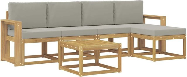 vidaXL Outdoor-Sofagarnitur 6-teilig aus Akazienholz mit Polstern in Weiß und Hellgrau, B/T/H: 59 x 59 x 37 cm - Bild 1