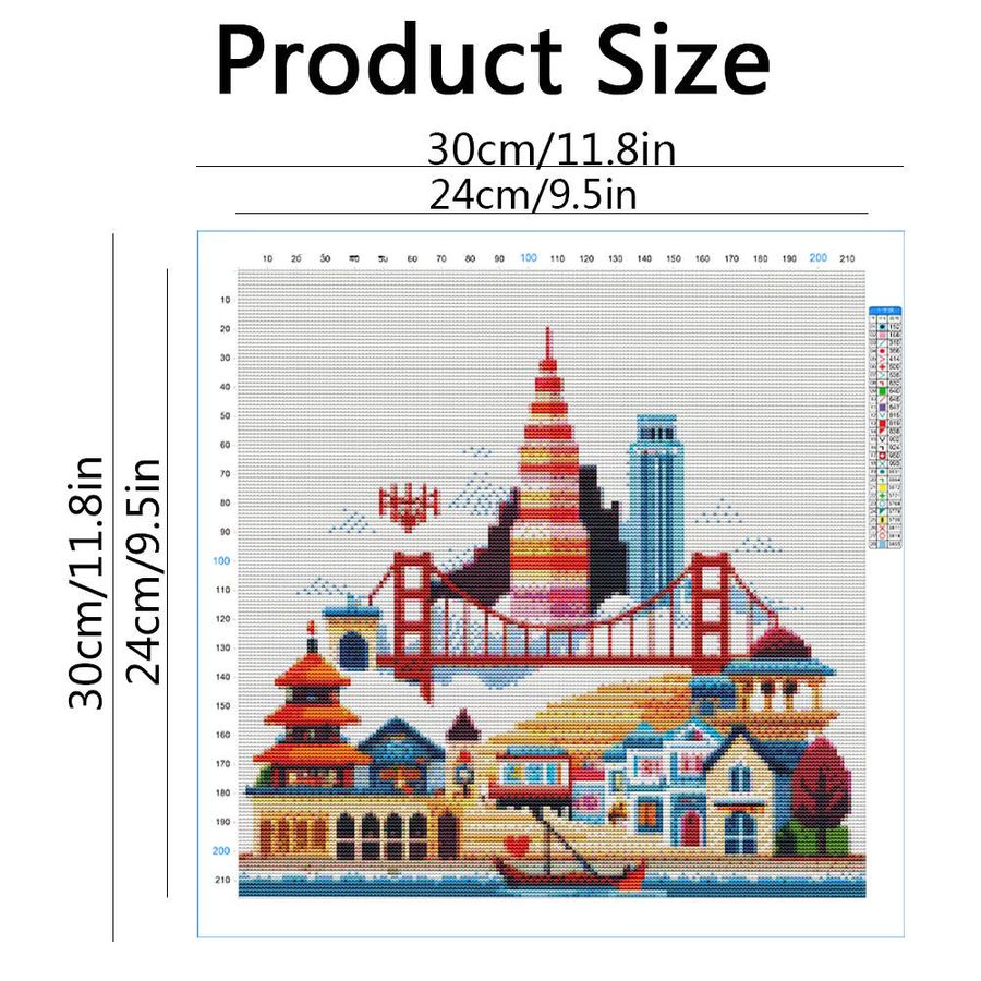 HUACAN Kreuzstichset Stadtturm Landschaftsstickerei auf bedruckter Leinwand, Multicolor, B/T/H: 30 x 30 x 30 cm - Bild 2