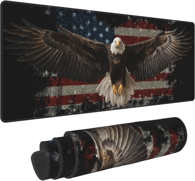 Gaming-Mauspad XL mit amerikanischer Flagge und Vogel Design, große Schreibtischunterlage in Multicolour mit genähten Kanten für Gamer und das Heimbüro - Bild 1