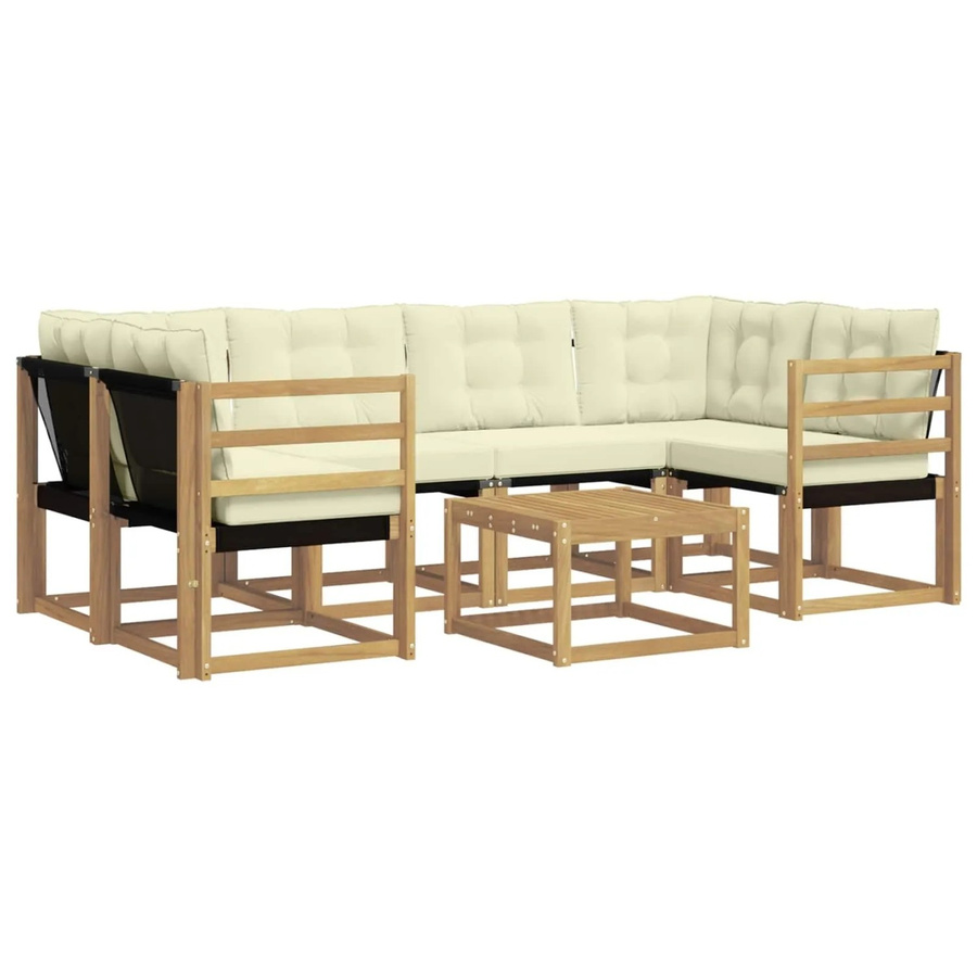 vidaXL Outdoor-Sofagarnitur 7-teilig aus Akazienholz in L-Form mit Kissen und Tisch, Weiß und Beige - Bild 2