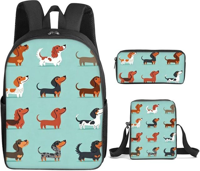BAOERYE 3-teiliges Schultaschen-Set mit Dackel-Aufdruck in Türkis bestehend aus Rucksack, Umhängetasche und Federmäppchen für Jungen und Mädchen - Bild 1