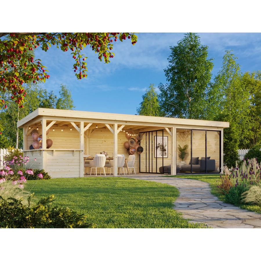 Palmako Pavillon Lenna Set 715 Slide Plus aus Fichtenholz, Weiß lackiert, B: 876 cm, T: 300 cm, mit Alu-Schiebetüren, Eck-Tresenanlage und PZ-Schloss, FSC-zertifiziert - Bild 2