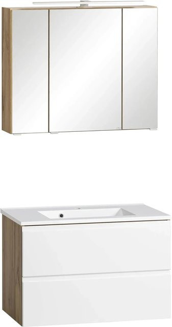 Held Möbel Ancona 2-tlg. Waschtisch-Set mit Spiegelschrank in Matt Weiß-Wotaneiche, modern und wandmontiert - Bild 1