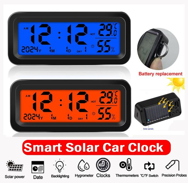 Digitale YJMP Auto-Armaturenbrettuhr mit LCD-Display, Thermometer und Hygrometer, Solar- und Batteriebetrieb, Schwarz - Bild 1