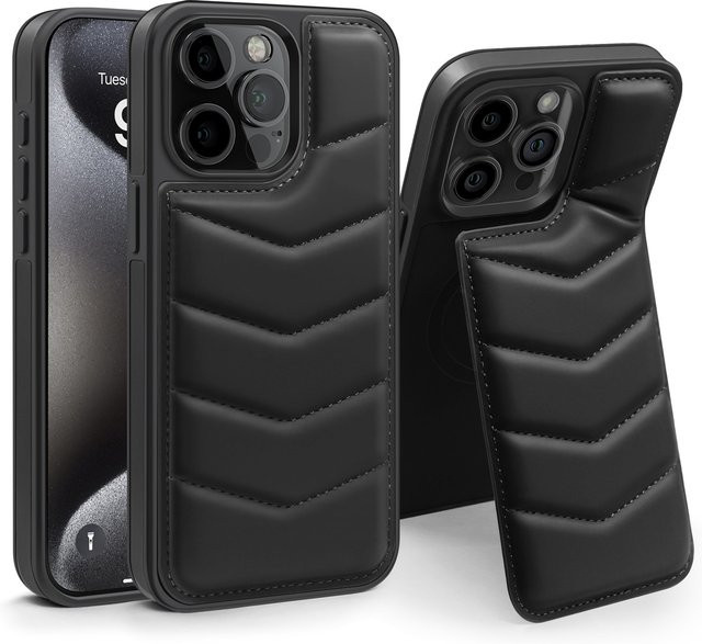 NMEGOU Down Jacke Handyhülle mit RFID-Blocking und MagSafe Kartenhalter für iPhone 15 14 13 12 11 Pro Max Plus in Schwarz oder Braun - Bild 1