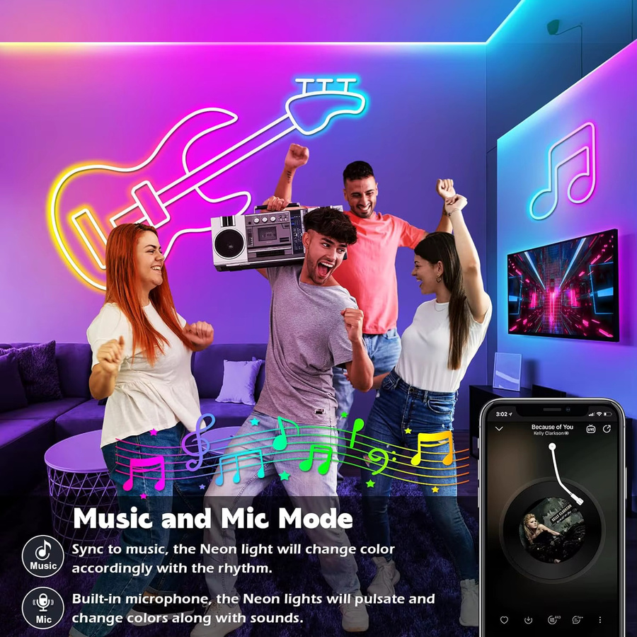 Mexllex RGB Neon Flex LED-Streifen in Multicolour mit Musik-Synchronisierung, App- und Fernbedienung sowie IP65 Wasserdichtigkeit für Außenbereich und Innenräume - Bild 5