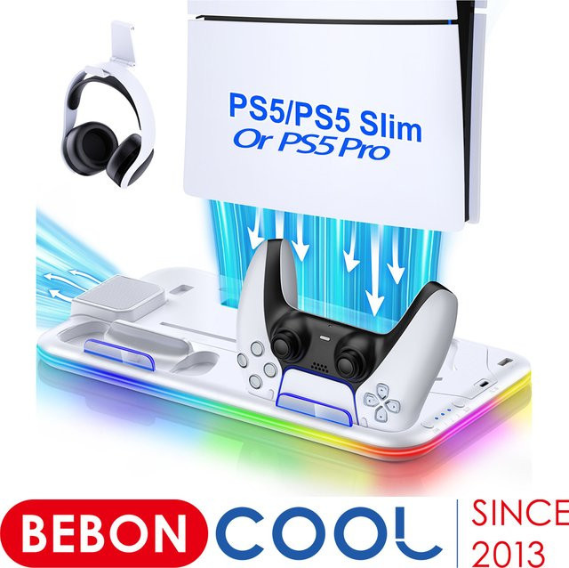 BEBONCOOL Kühlständer und Gamepad-Ladestation für PS5 Pro, PS5 und PS5 Slim in Weiß mit CD-Aufbewahrungsregal - Bild 1