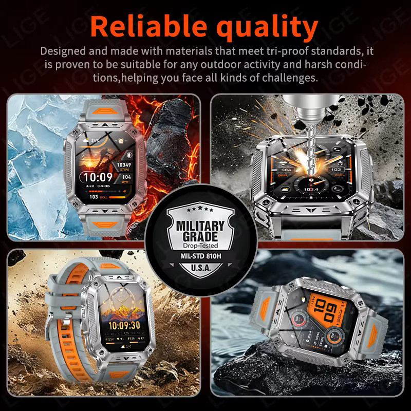 LIGE Militär-Smartwatch für Herren in Schwarz mit 1400mAh Akku, Fitness-Tracker und LED-Taschenlampe, wasserdicht, kompatibel mit Android und iOS - Bild 2