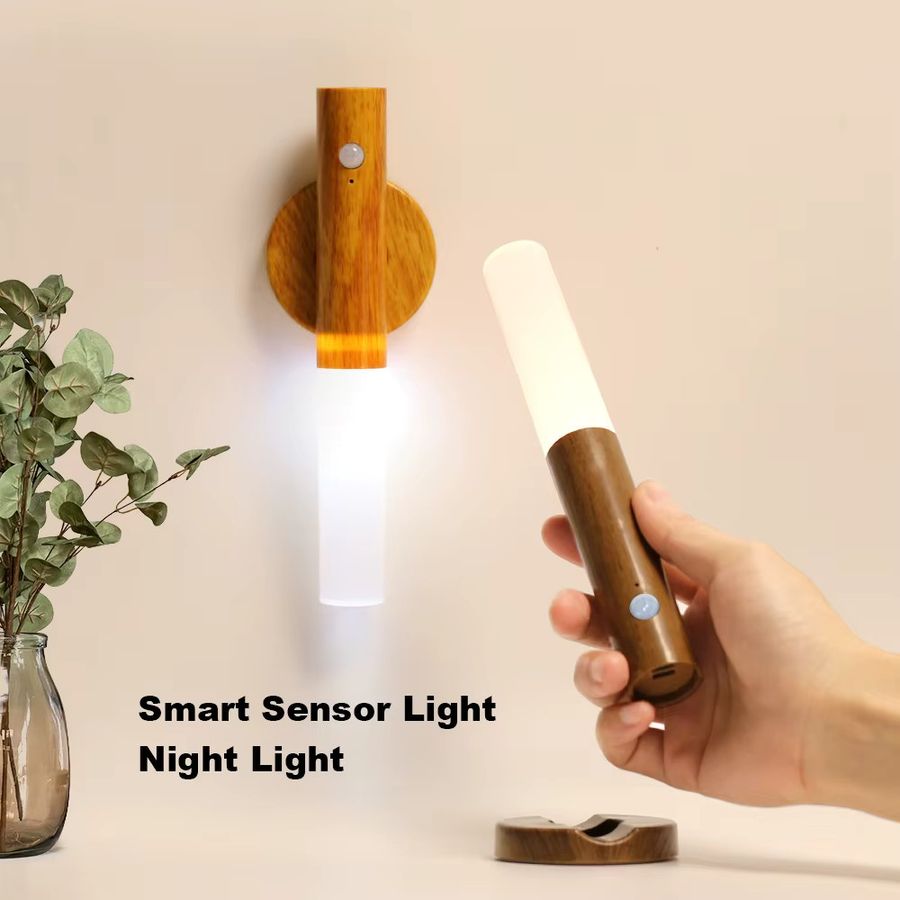 YNL Magnetische LED-Wandleuchte mit PIR-Bewegungsmelder und 360 Grad Rotation in Holzmaserung, wiederaufladbare Nachtlicht Lampe - Bild 5
