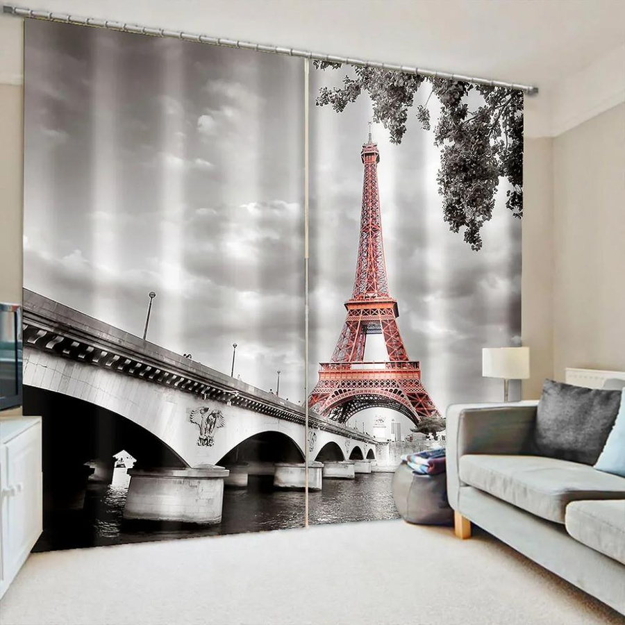 Yiran Furniture Duo-Set Dünne Fenstervorhänge mit Paris Ölgemälde Eiffelturm Design, Mehrfarbig, Breite: 50 cm, Höhe: 60 cm - Bild 1