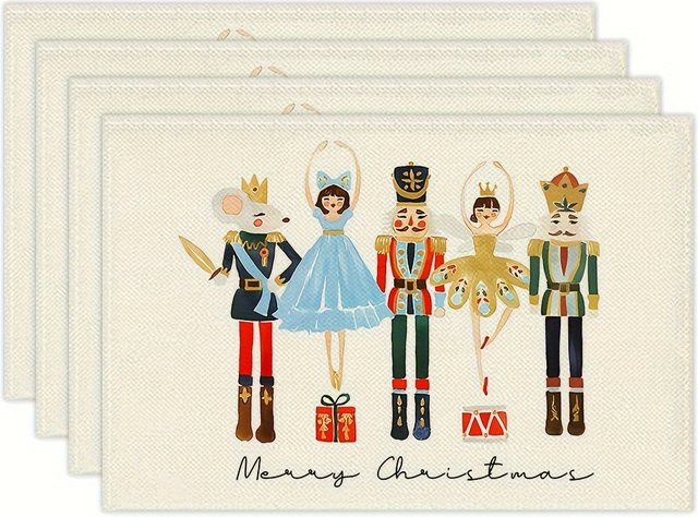 VIKAMA 4-teiliges Weihnachts-Tischset Set mit Nussknacker-Motiv in Mehrfarbig, Leinen, Rechteckig - Bild 1