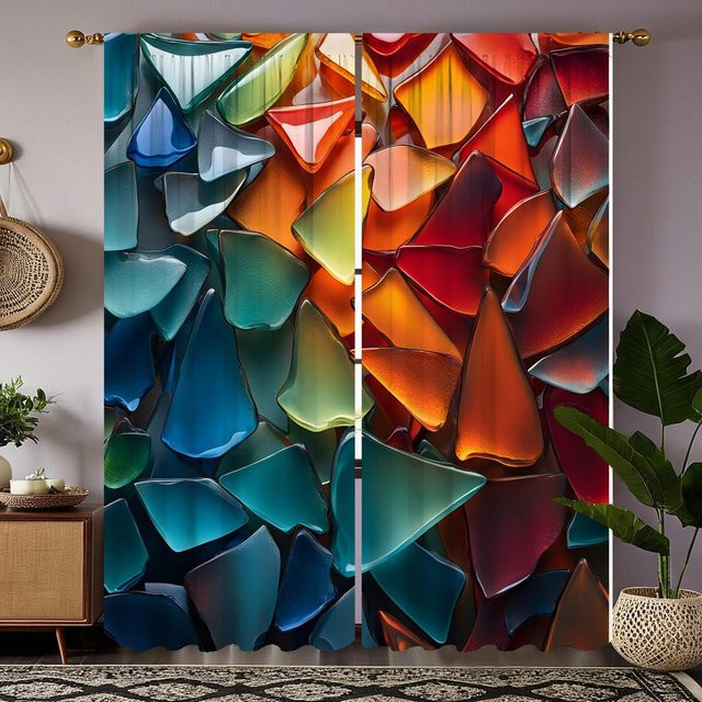 2er-Set dekorative Vorhänge mit farbigem Glaskunst-Design in Rot, digital bedruckt, semi-transparent, B: 132 cm, H: 160 cm - Bild 1