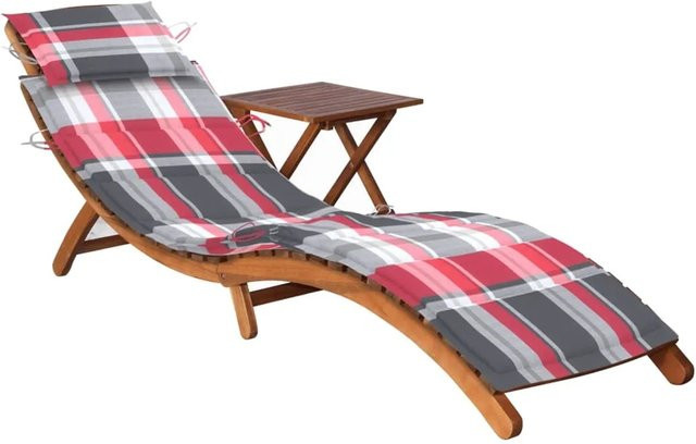 vidaXL Sonnenliege aus Akazien-Massivholz mit Tisch und Auflage in Braun und Rot, B/T/H: 184 x 55 x 64 cm - Bild 1