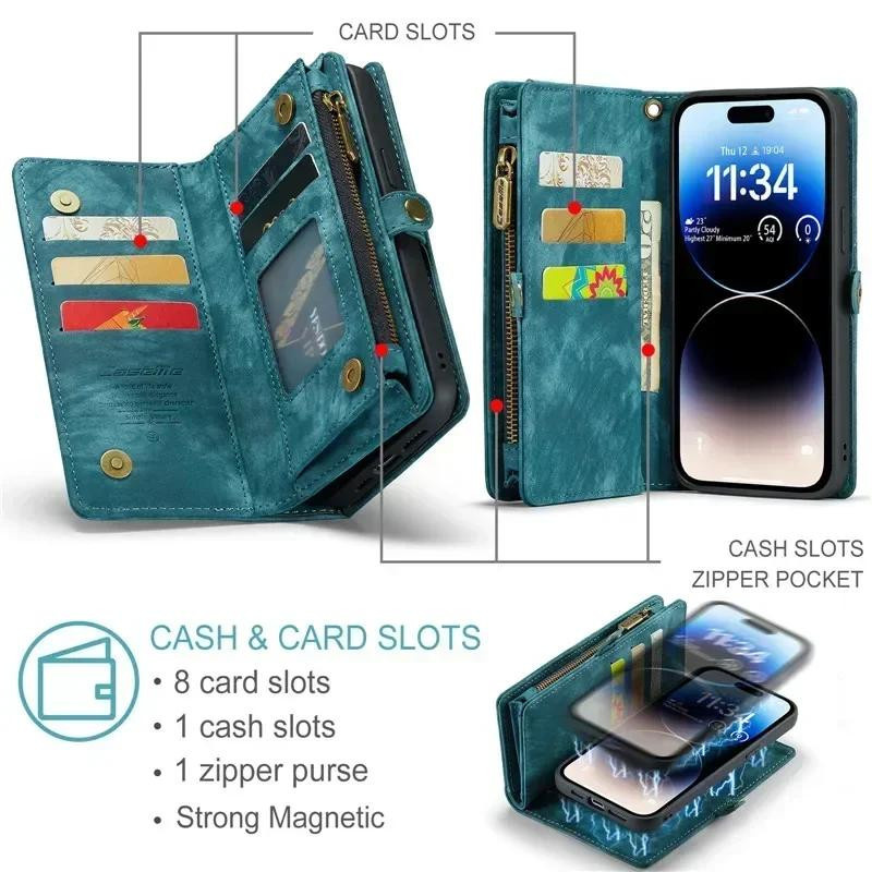 CaseMe Magnetische Flip-Leder-Handyhülle mit Reißverschluss-Geldbörse für iPhone 17 Pro, 16, 15, 14, 13, 12, 11 und XS XR X in Schwarz, Braun, Grün oder Rot - Bild 3