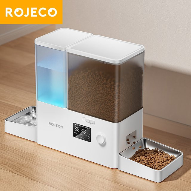 ROJECO 2-in-1 Automatischer Futterspender und Schwerkraft-Wasserbrunnen für Haustiere in Weiß, 8,5 l Gesamtkapazität (5 l Futter und 3,5 l Wasser) - Bild 1