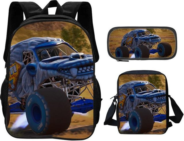 Monster Jam 3-teiliges Schulset aus Nylon mit Rucksack, Federmäppchen und Umhängetasche in Blau - Bild 1