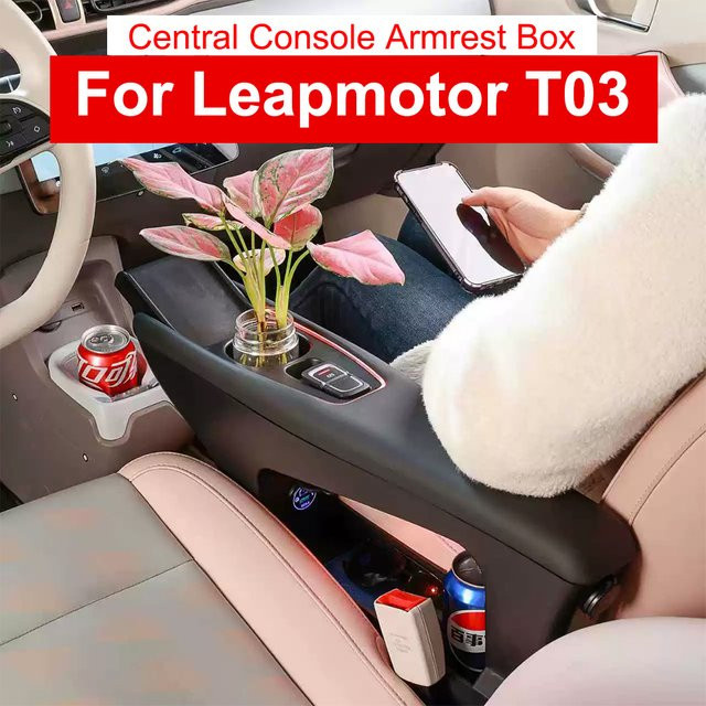 Leapmotor T03 Armlehnen-Organizer mit zentraler Konsole und kabelloser Schnellladefunktion in Schwarz - Bild 1