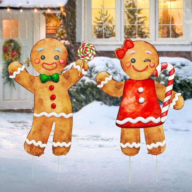 2er-Set Weihnachtsgarten-Winterdekoration mit Lebkuchenmännern, mehrfarbig, Kunststoff - Bild 1