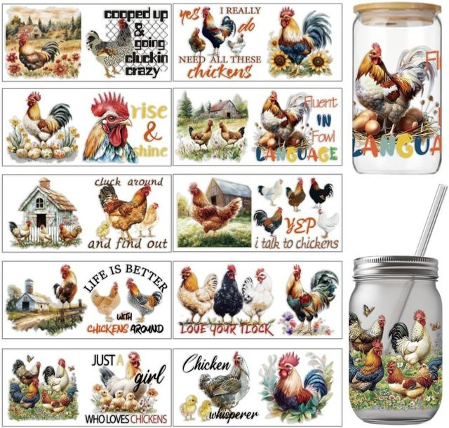 10 Stück PVC-Transferaufkleber mit Bauernhof-Huhn-Motiv und Hühnerei-Muster, UV-wasserdichte Becheraufkleber für 16-Unzen-Gläser, Mehrfarbig - Bild 1