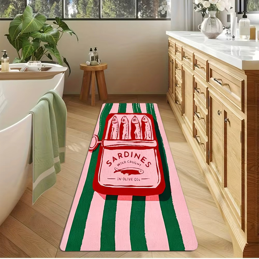 VIKAMA Küchenläufer Vintage Sardinen-Dosen aus Flanell, rosa-grün gestreift, rutschfest und waschbar, B: 50 cm, L: 120 cm - Bild 3