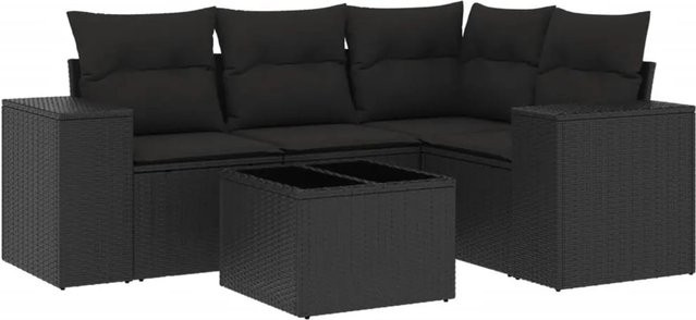 vidaXL 5-tlg. Garten-Sofagarnitur in L-Form aus schwarzem Poly-Rattan mit Kissen und pulverbeschichtetem Stahlgestell - Bild 1