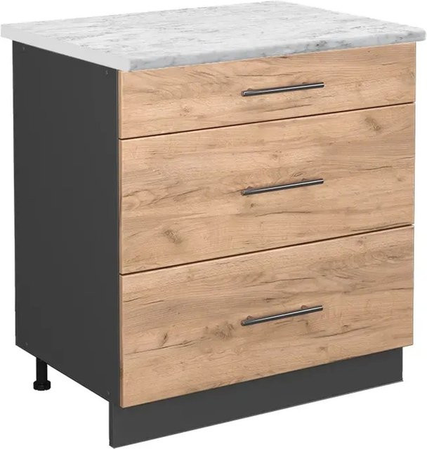 Vicco Küchenunterschrank Fame-Line Goldkraft Eiche/Anthrazit mit 3 Schubladen und Marmor-Optik, B/T/H: 80 x 60 x 82 cm - Bild 1